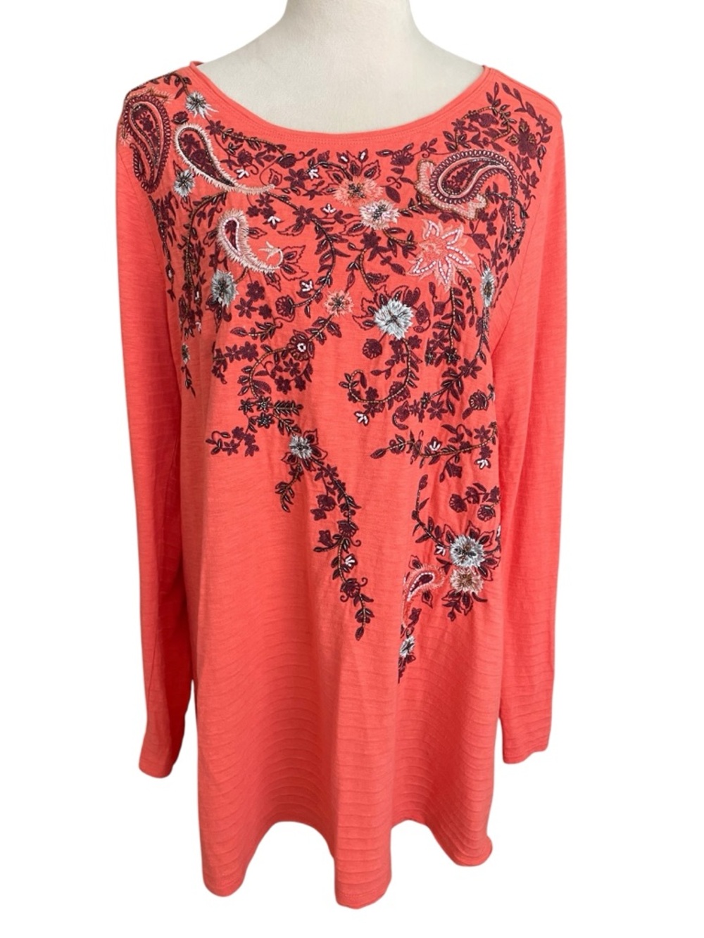 Soft Surroundings Floral Paisley Tunic Top L Embroidered Coral Resort Wear Comfy